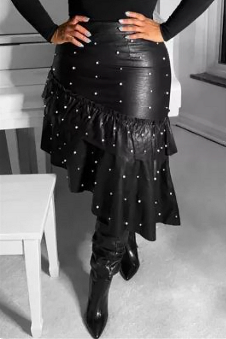 Plus Size Casual Skirts Black Fall Winter Pearls PU Leather Skirts [Pre-Order]
