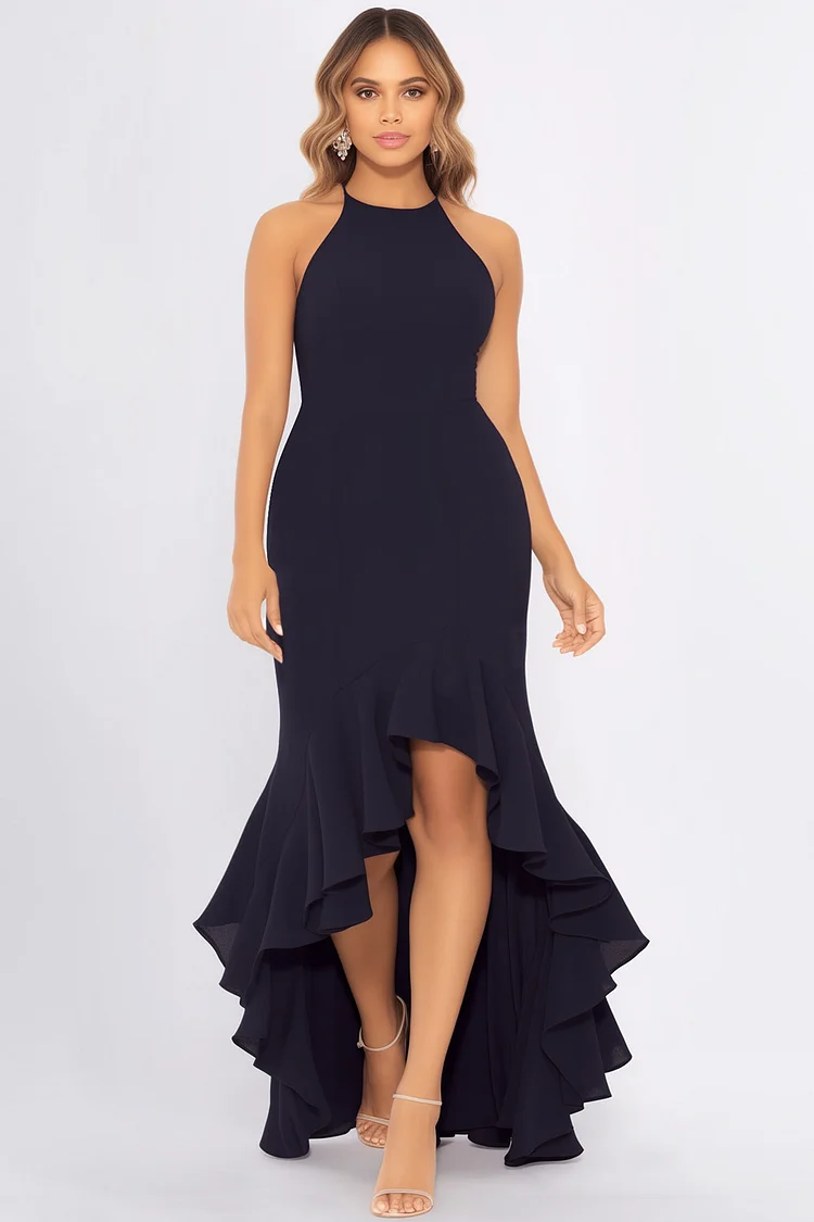 Zaruci Cocktail Dark Navy Chiffon Ruffle Sleeveless Asymmetrical Maxi Dress [Pre-Order]