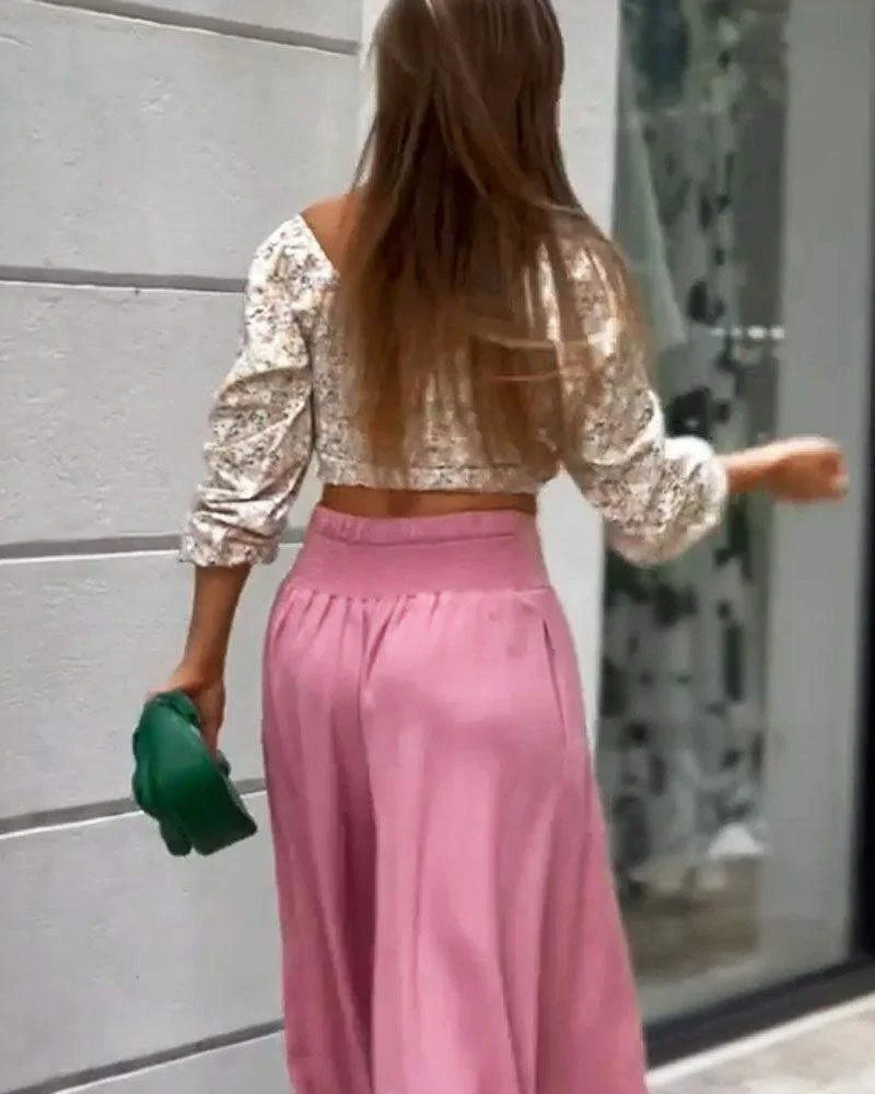 CASUAL V-NECK FLORAL PRINT TOP & PANTS TWO-PIECE SET