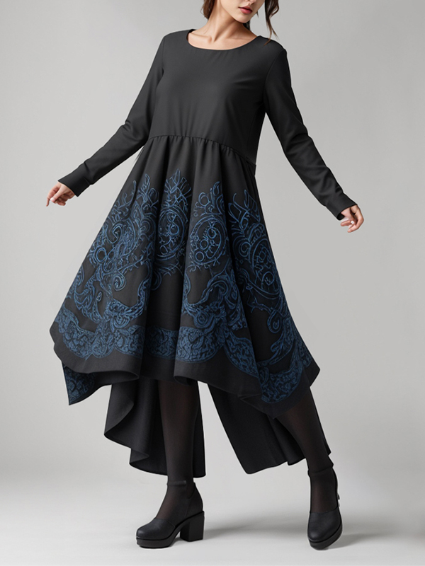 Long Sleeve Patchwork Irregular Pattern Hem Blouses