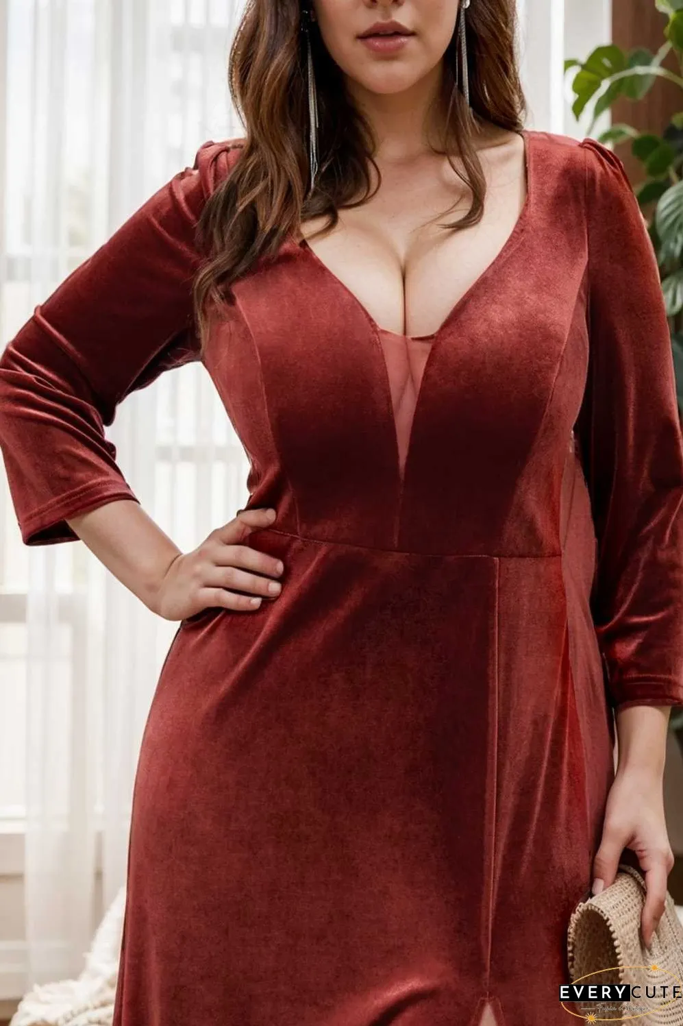 velvet 3 4 length sleeve illusion v neck front slit evening dress