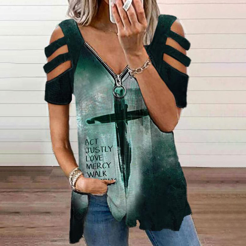 Hollow Out Letter Printed V Neck Short Sleeve T-shirt wearshes