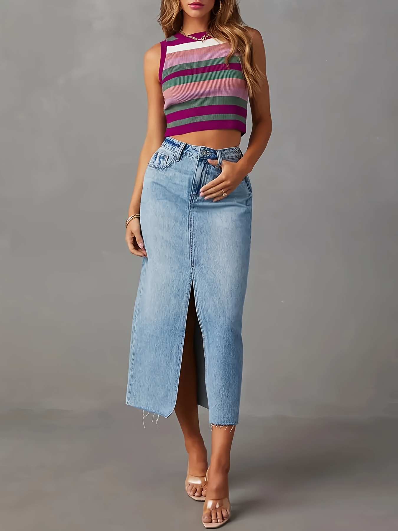 Elegant Women's Denim Skirt | Mid-Waist Skirt With Slits For Summer Long Skirt, Suitable For Casual Daily For Spring/Summer/Fall 2025 | IFYHOME