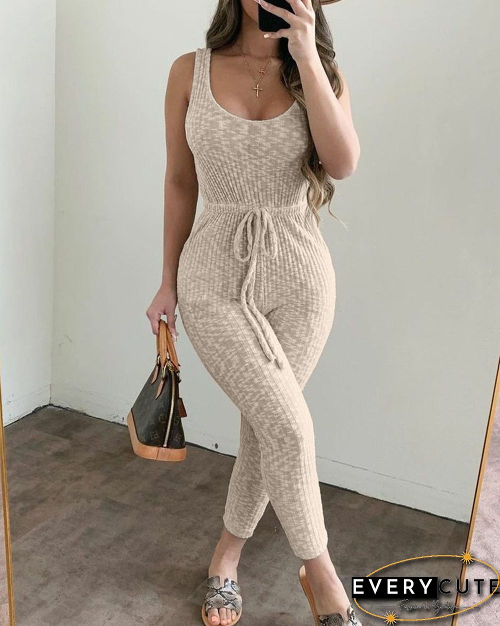 Solid Color Lace-up Jacquard Sleeveless Jumpsuits