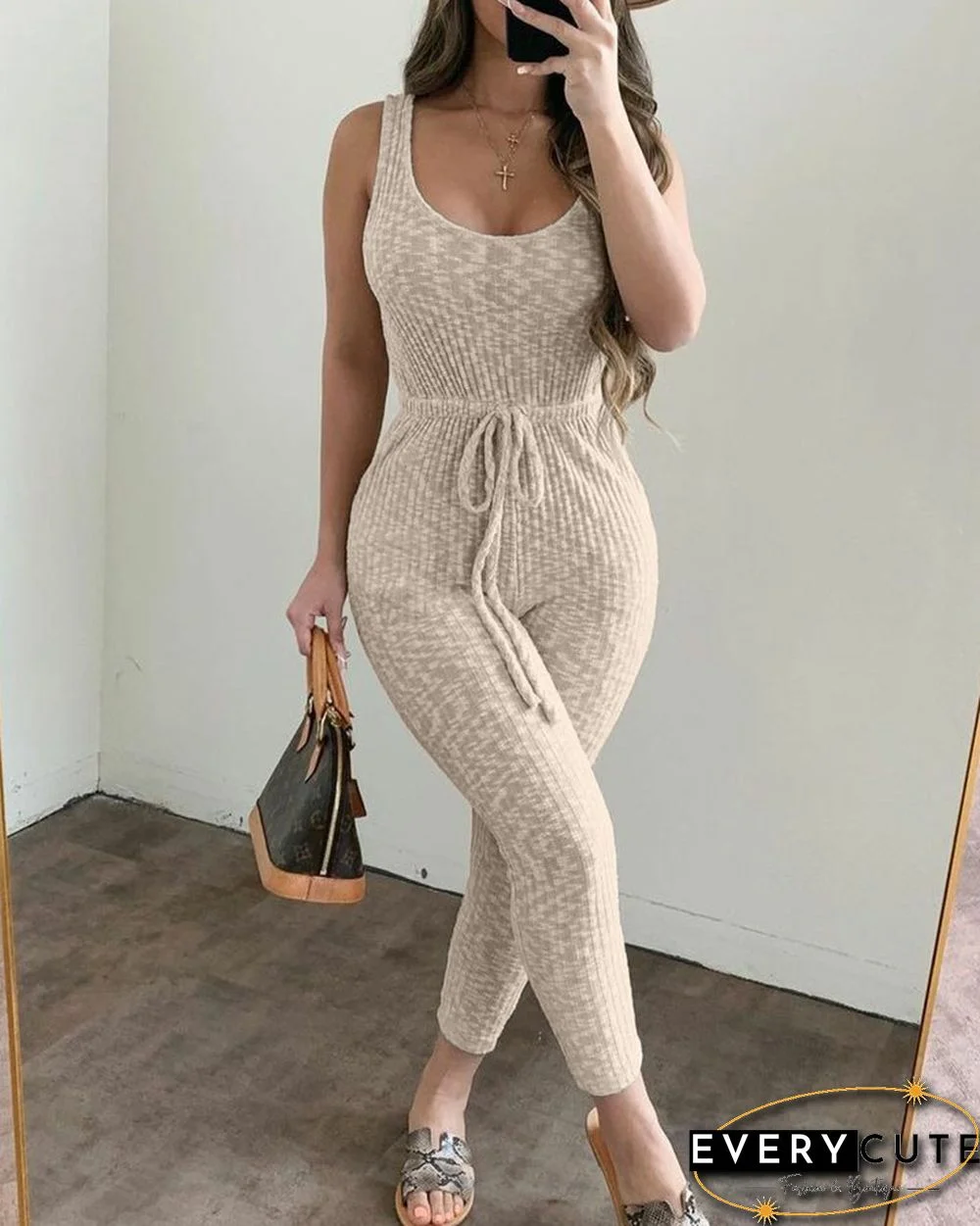 Solid Color Lace-up Jacquard Sleeveless Jumpsuits