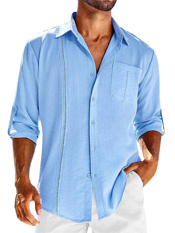Men's Basic Loose Solid Color Cotton Linen Lace Casual Long Sleeve Wristlet Pocket Lapel Casual Shirt Cardigan-Cosfine