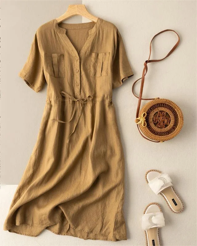High Waisted Short Sleeved Drawstring Waist Closure For Slimming And Comfortable Dress