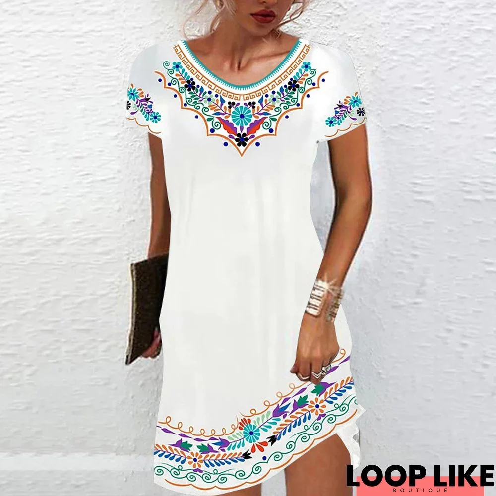 Mid-Waist Printed Urban Casual Short Sleeve Dress