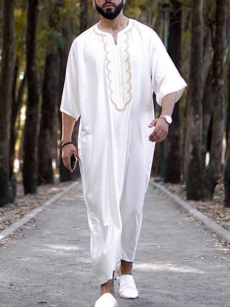 Muslim White Ethnic Loose Casual Linen Long Shirt Robe