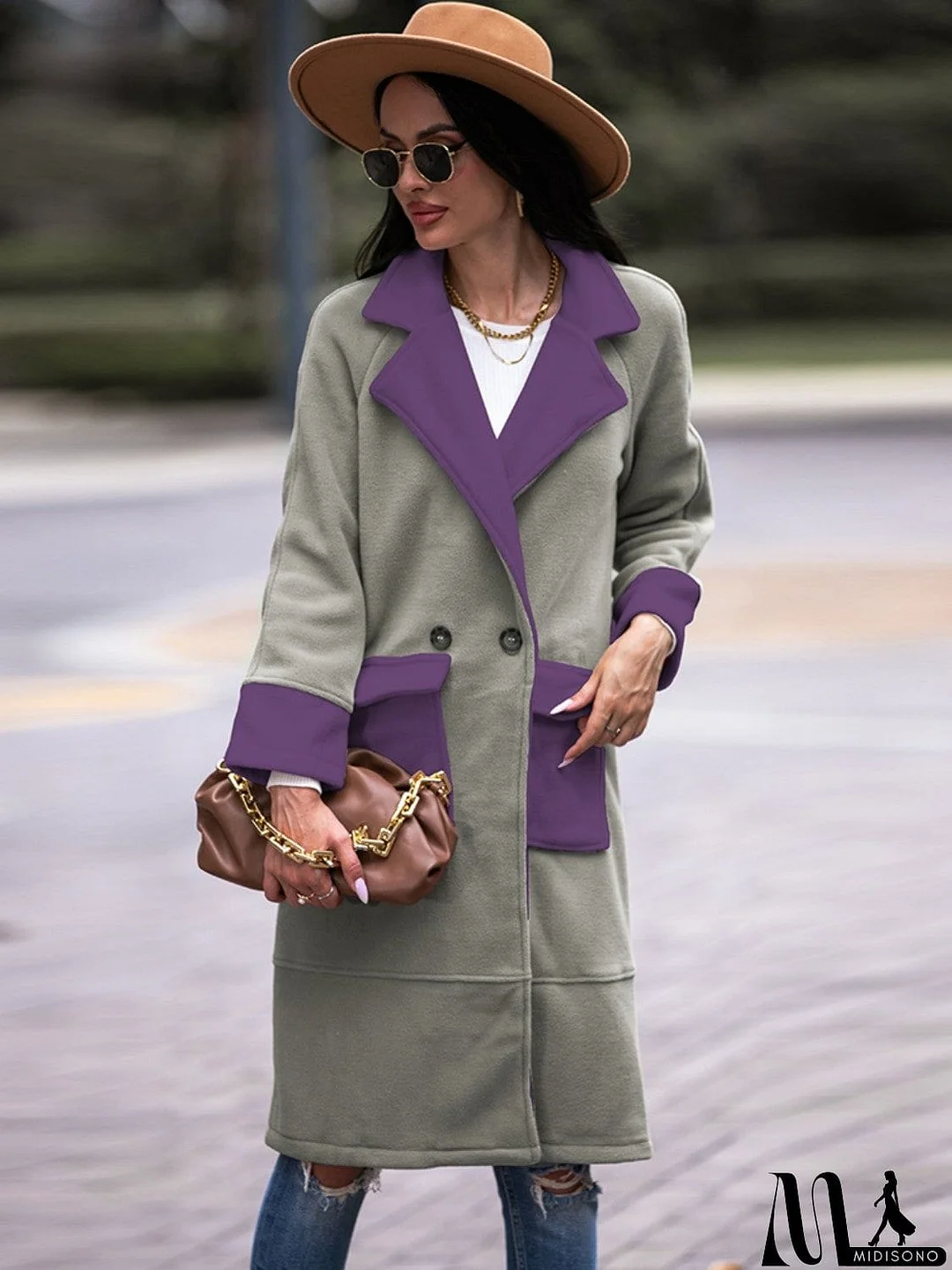 MidiSono - Contrast Lapel Collar Coat with Pockets