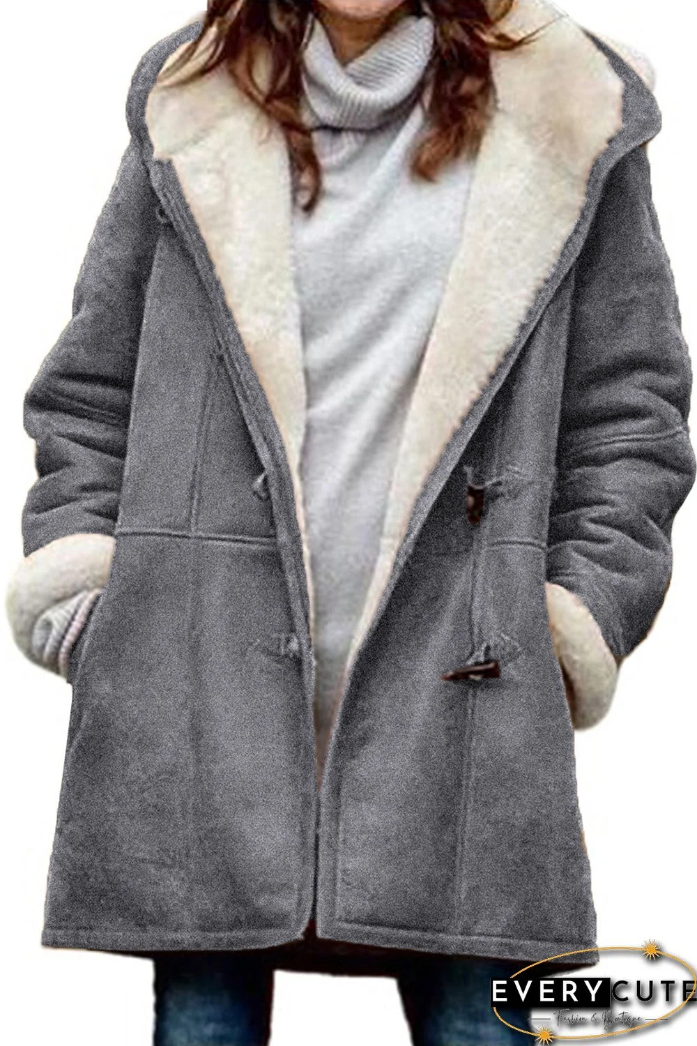 Gray Fleece Suede Mid-length Hooded Coat