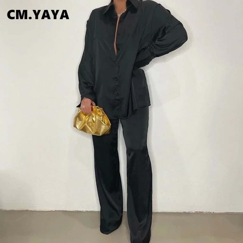 CM.YAYA Elegant Satin Women's Tracksuit Long Sleeve Shirt and Wide Leg Straight Pants Matching Sleepwear Two 2 Piece Set Outfits