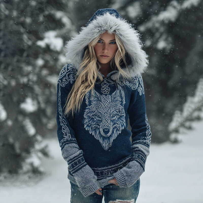 Women's Viking Wolf Celtic Knot Cozy Fur Trim Hooded Sweater elevenforest