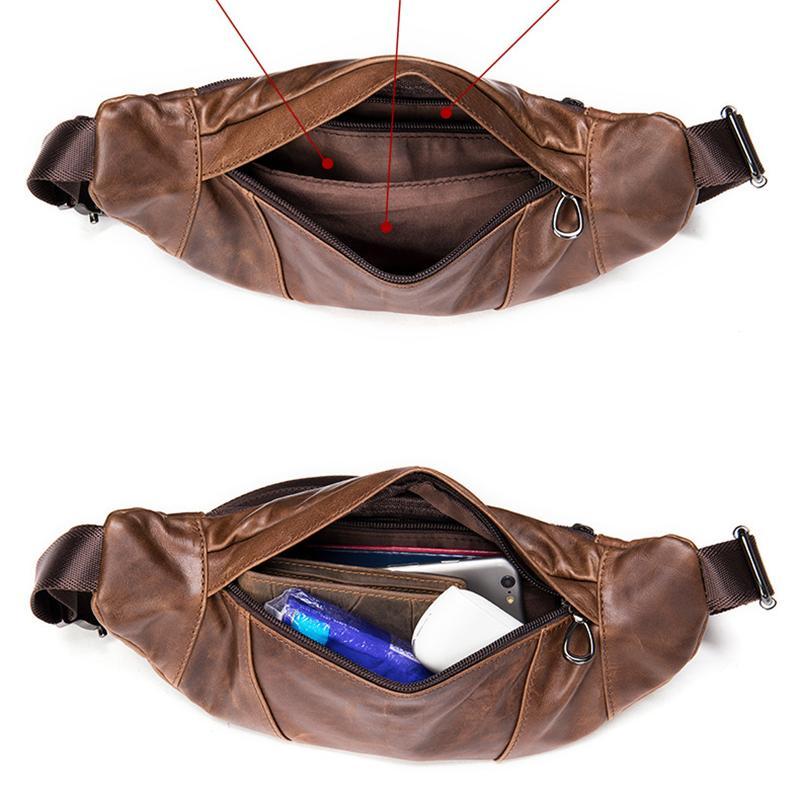 Soft Genuine Leather Adjustable Strap Earphone Jack Multi-Pocket Chest Bag