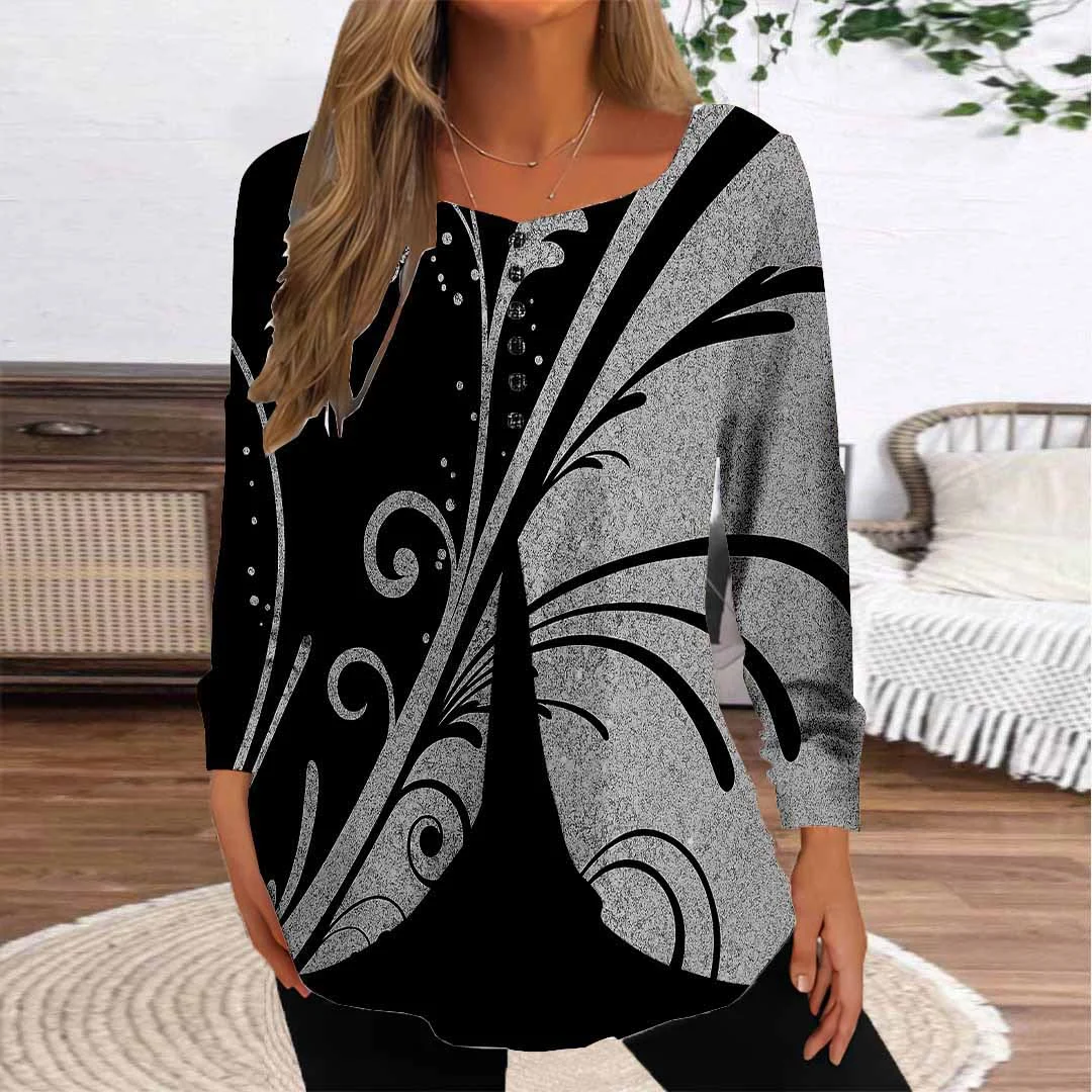 Women Graphic,Black DZGG8327 Long Sleeve Scoop Neck Printed Graphic Button Fake 2in1 Tops