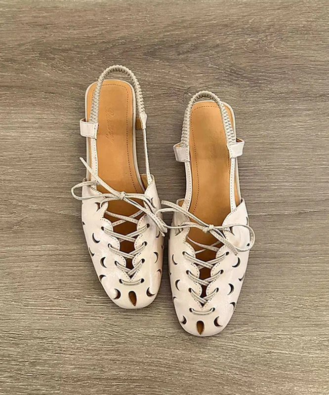 Handmade Beige Lace Up Splicing Hollow Out Sandals
