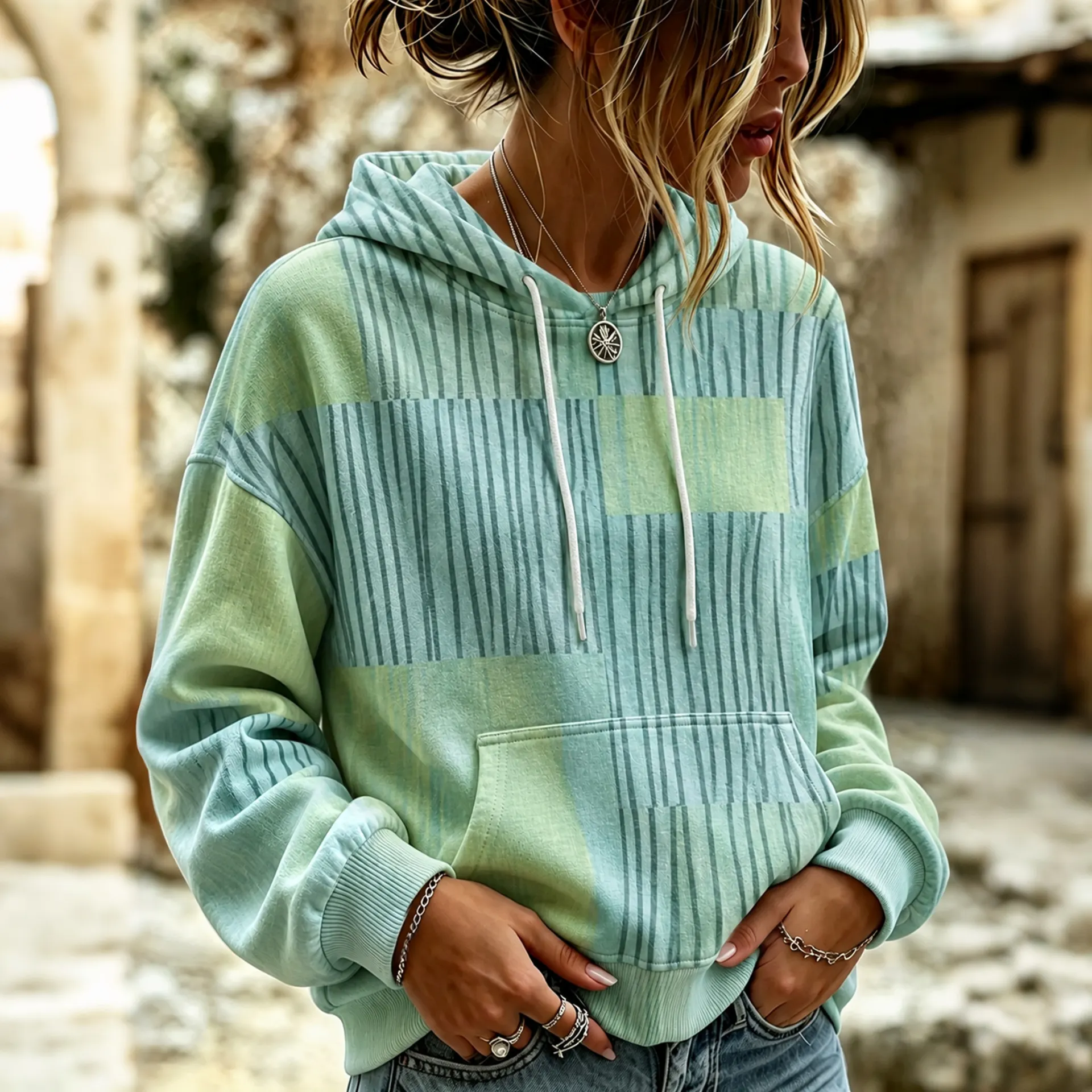 Comstylish Women's Simple Striped Art Pattern Casual Hoodie