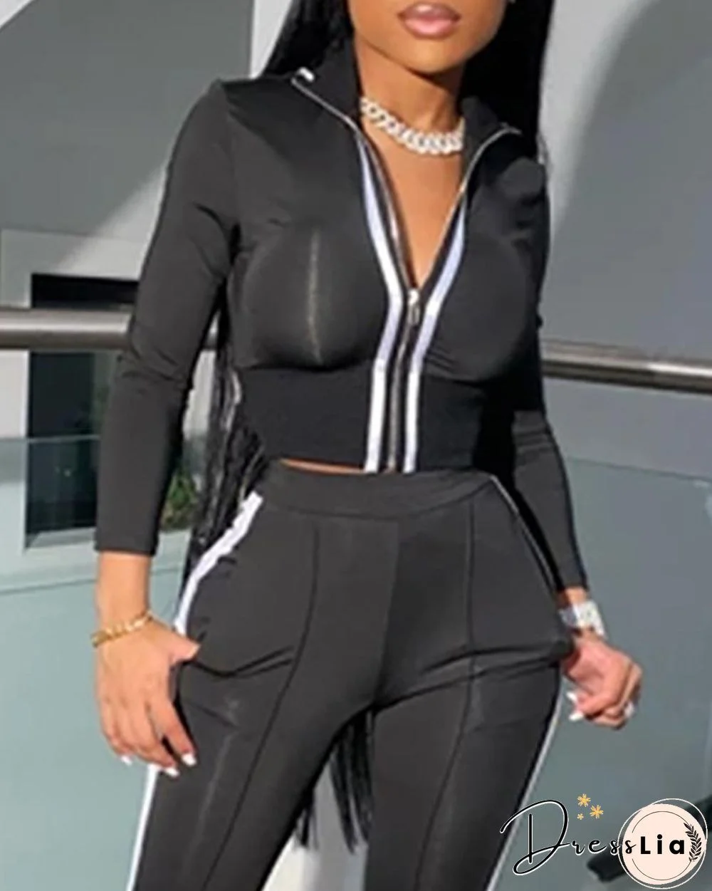Sporty Striped Tape Coat & Pants Set