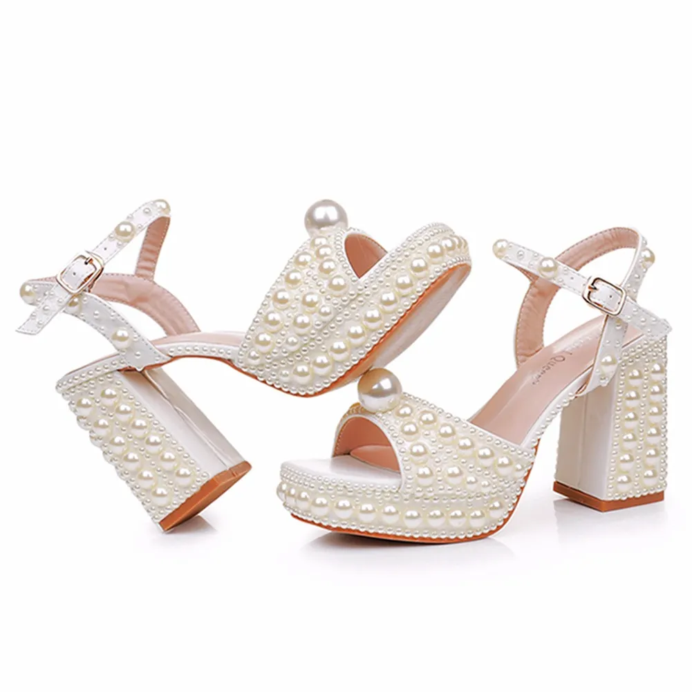 Breakj Breakj Cm Thick Heel Fish Mouth Waterproof Table Sandals Round Head Square Thick Heel Sandals White Pearl Wedding Shoes