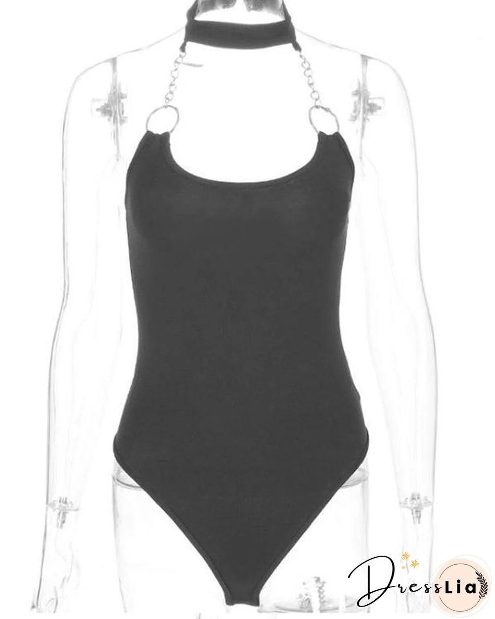 Chain Hanging Backless Black Bodysuit