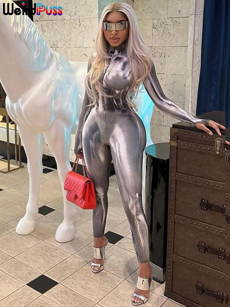 Weird Puss Sexy Aesthetic Print Women Jumpsuit Long Sleeve Zip Autumn Trend Activity Sporty Fitness Streetwear Workout Overalls