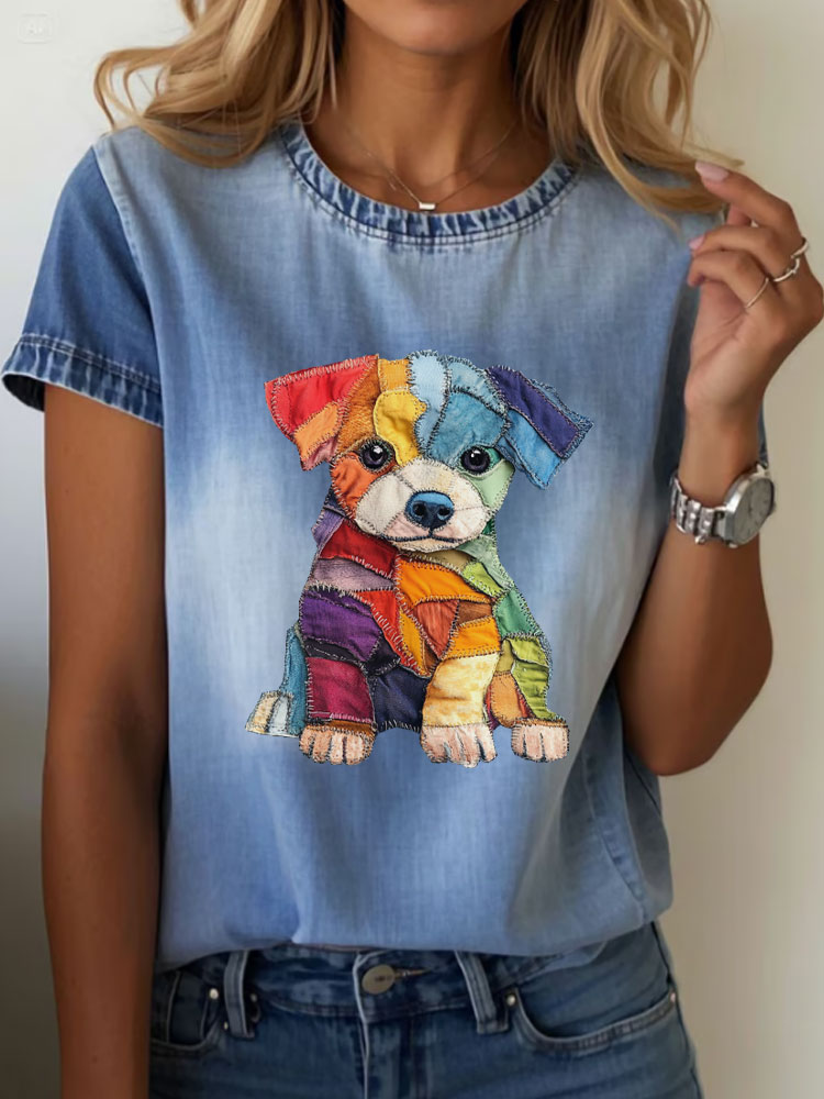 Comstylish Women's Retro Funny Denim Rainbow Dog Print Casual T-shirt