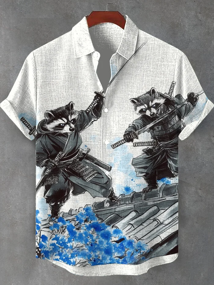 Men's Two Japanese Raccoon Warriors Fighting On The Roof Art Print Short Sleeve Shirt