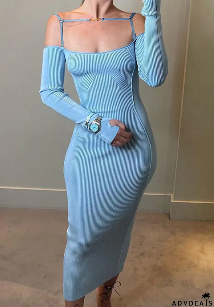 Women Spring Blue Sexy Off-the-shoulder Wrist Sleeves Solid Midi Dress