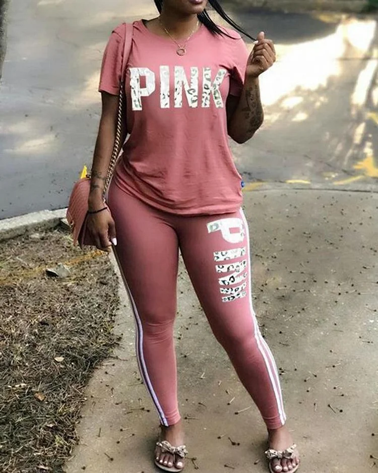 Pink Print Leisure Sports Suit
