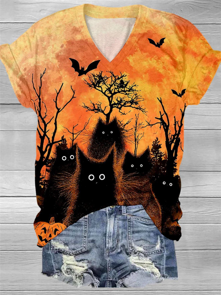 VChics Halloween Black Cat Print V Neck T-Shirt