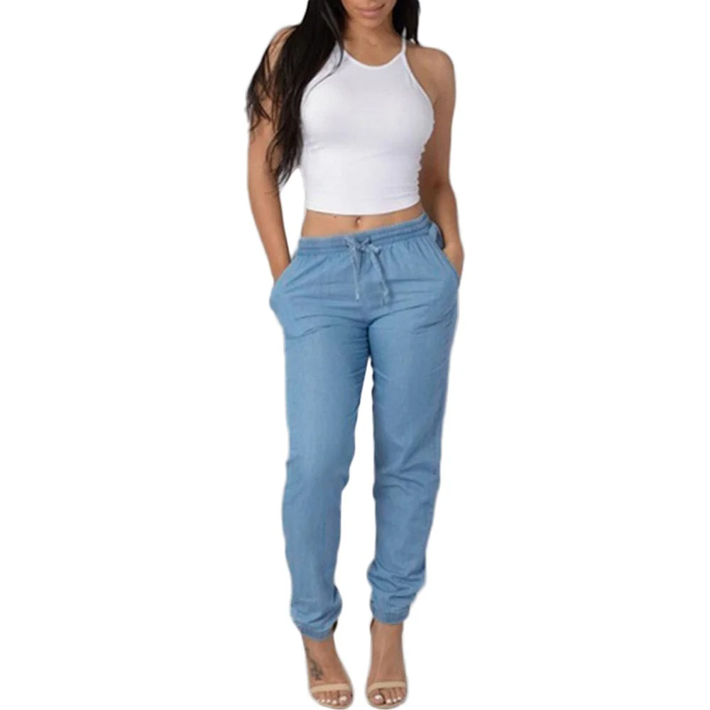 Womens Elastic Waist Casual Pants High Waist Jeans Casual Blue Denim Pants Women's elastic slacks high waist jeans