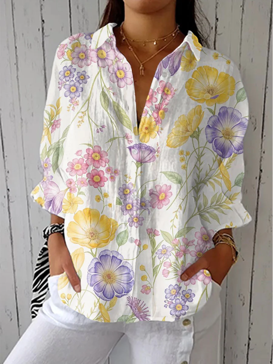 Women's Vintage  Flowers Art Print Casual Linen V-neck Shirt