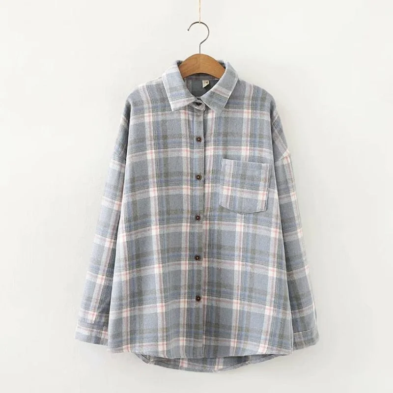 PUWD Vintage Woman Loose Cotton Plaid Patchwork Shirt Spring Autumn Casual Woman Oversized Soft Shirts Female Fashion Blouses