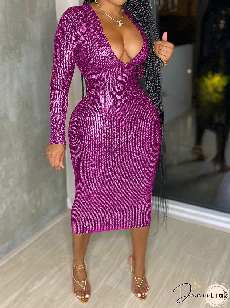 Dresses Fashion Deep V Bronzing Sexy Midi Dress for Women