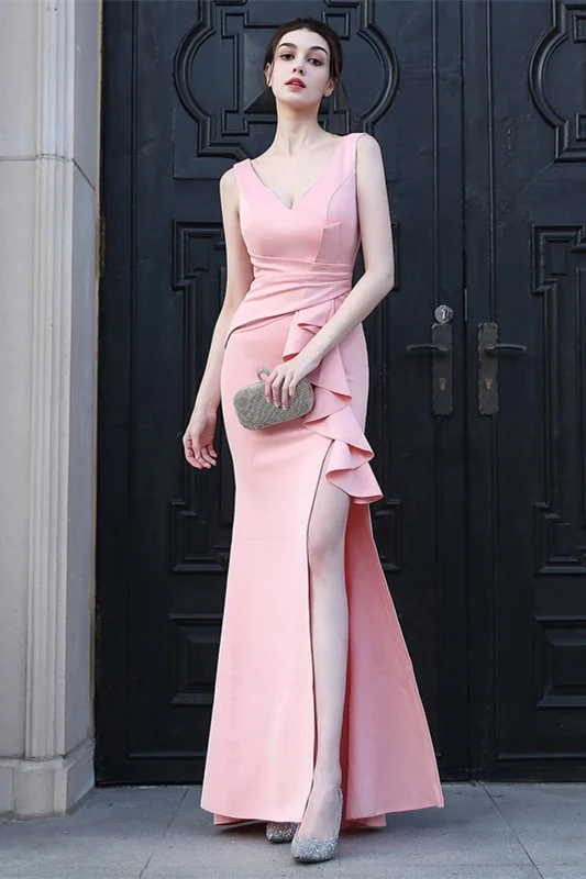 Daisda Elegant Front Split Long Evening Dress Mermaid Sleeveless With V-Neck On Sale