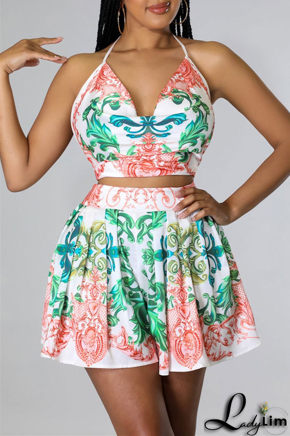 Blue Fashion Sexy Print Bandage Backless Halter Sleeveless Two Pieces