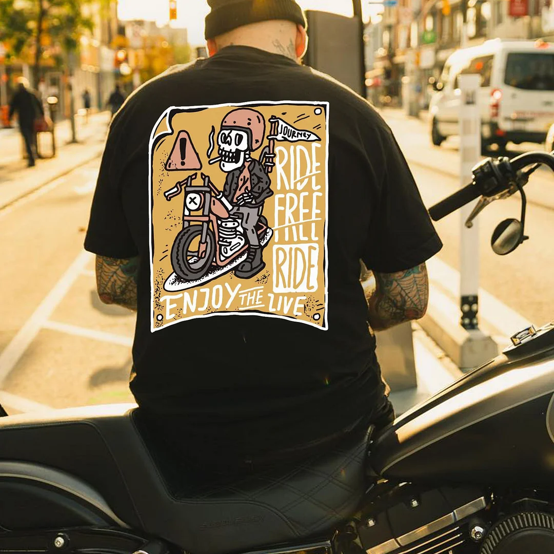 RIDE FREE Skull Smoking and Riding Black Print T-Shirt