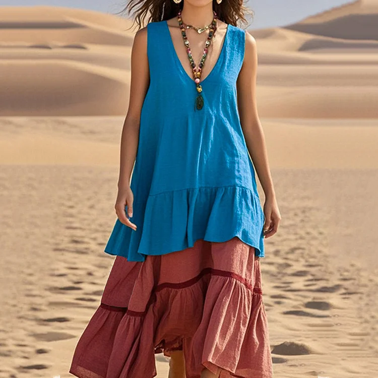 Women's Retro Casual Stitching Contrast Color Linen Sleeveless Dress