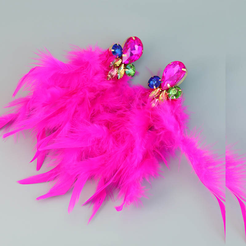 Fashion Feather Alloy Inlaid Flowers Tassel Earrings