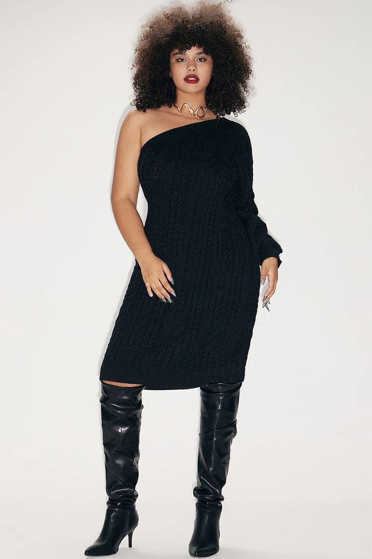 Plus Size Daily Dress Black One Shoulder Cable Knitdual Sweater Midi Dress [Pre-Order]