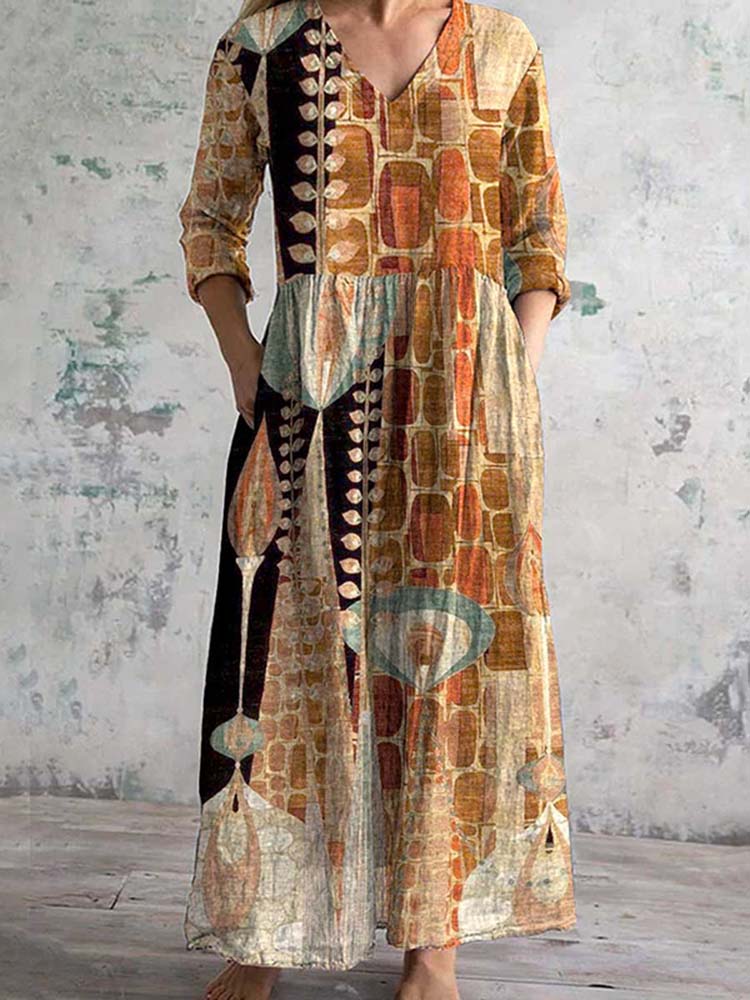 Comstylish Abstract Geometric Printed V-Neck Casual Midi Dress