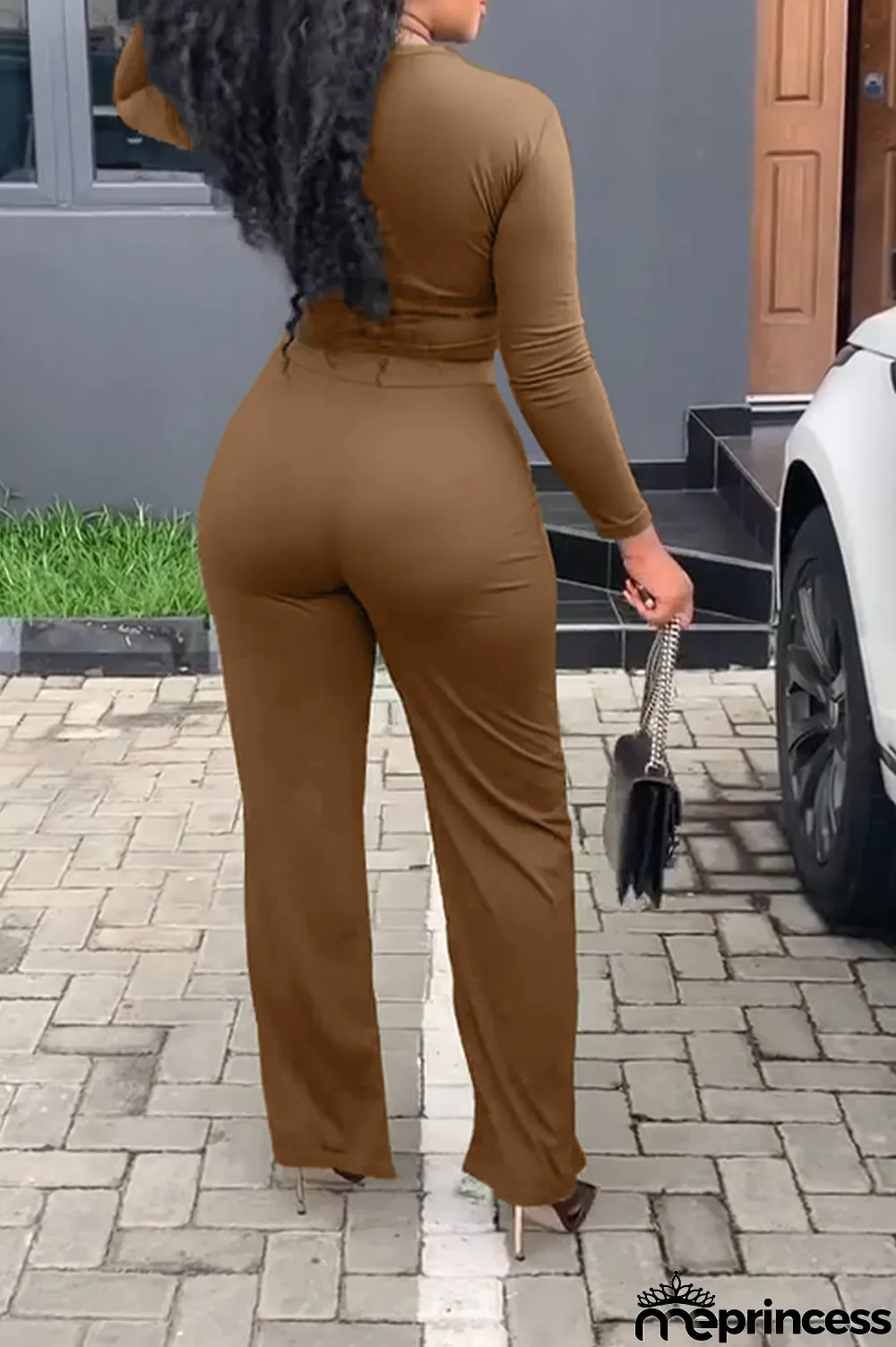 Orange Fashion Solid Fold V Neck Long Sleeve Two Pieces