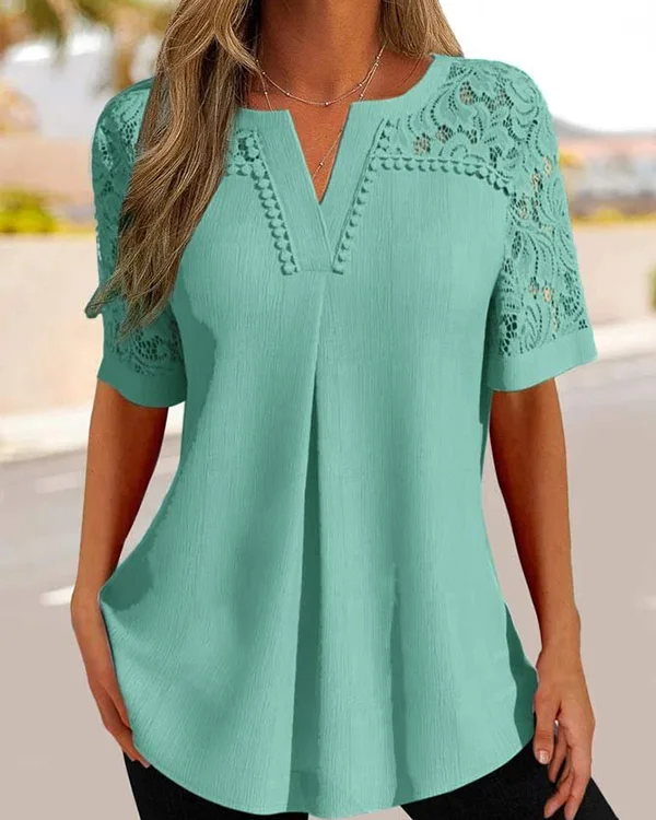 Women's Lace V Neck Short Sleeve Casual T-shirt Top