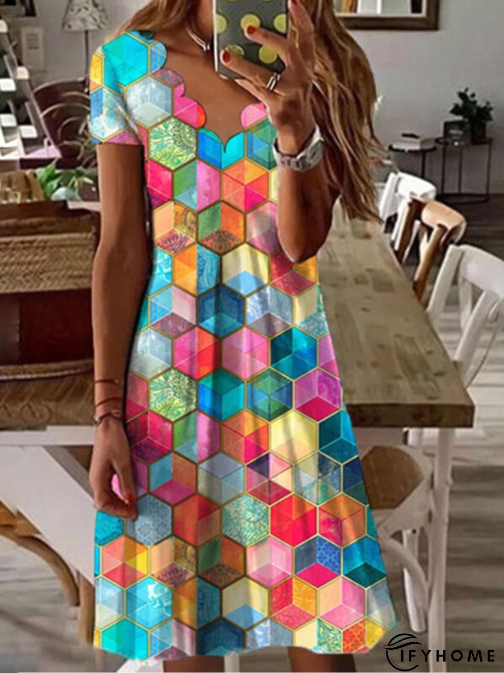 Casual Short Sleeve V Neck Printed Dress | IFYHOME