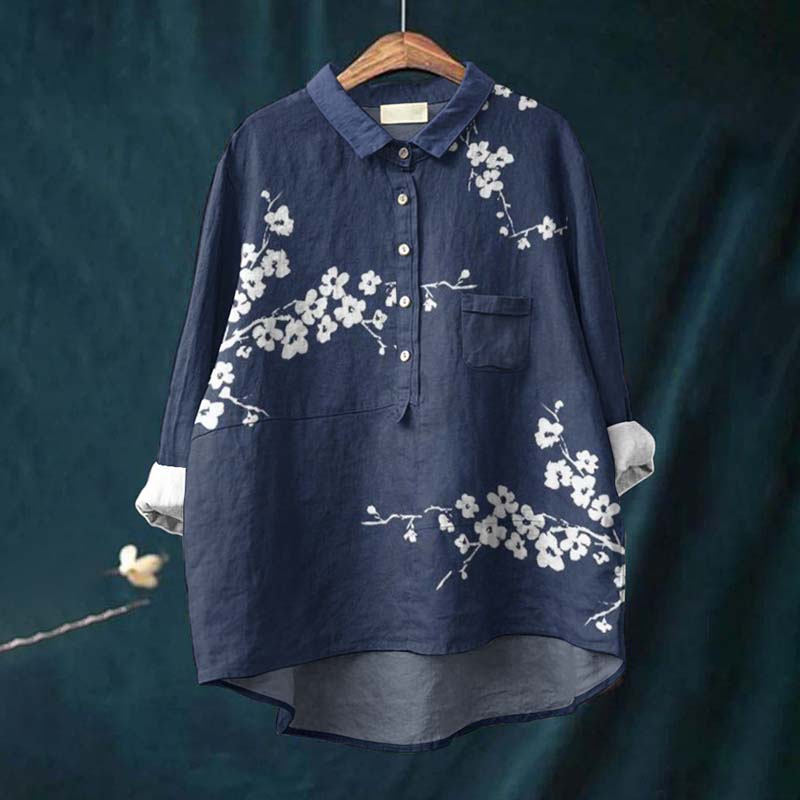 Comstylish Vintage Blossom Art Print Casual Cotton Linen Shirt