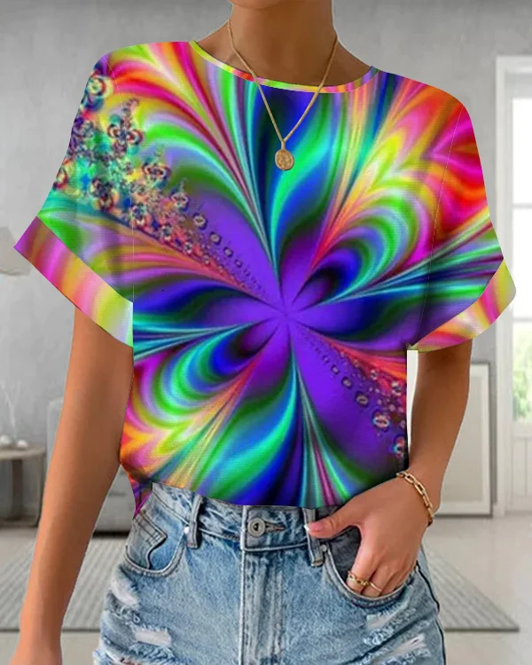 🔥kukelife🔥Abstract Tie Dye Colorful Glitter Floral Print Turned Sleeves T-Shirt