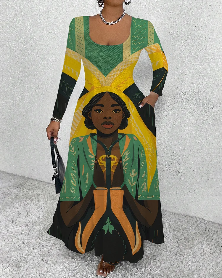 Jamaican Art Girl Round Neck Long Sleeve Maxi Dress