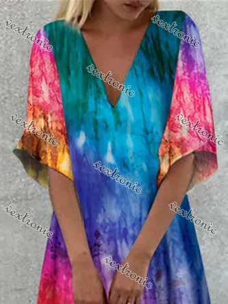 Women's Colorful V-Neck Half Sleeve Graphic Maxi Dress