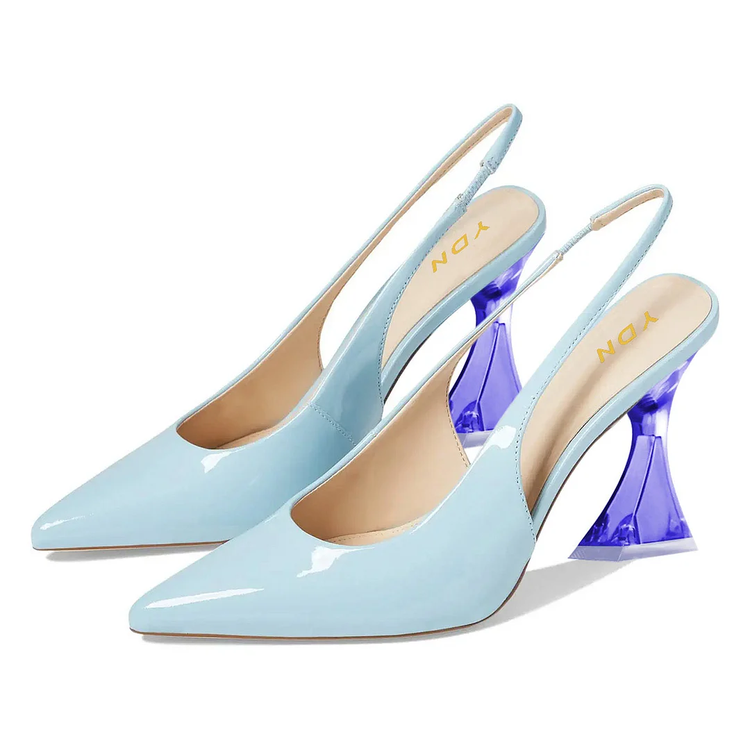 YDN Light Blue Patent Leather Pointed Toe Slingback High Heels