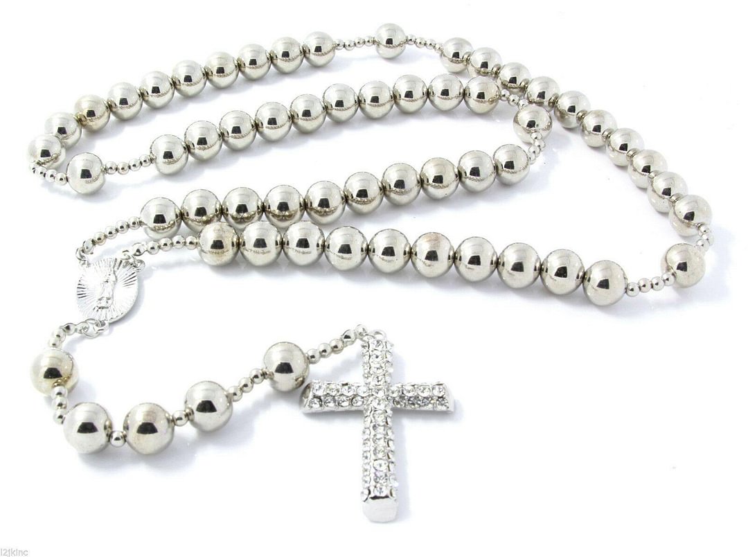 15mm Silver Crystal Beads Guadalupe Rosary & Cross Pendants-VESSFUL